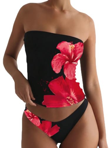 ZAFUL Women's Bandeau Tankini Swimsuit Asymmetrical Slit Bowknot String High Cut Fairyland Cheeky Bathing Suit(5-Flower-Black, M)