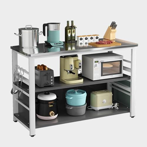 Supporto per forno a microonde in acciaio inox, scaffale da cucina con ripiani aperti e 4 ganci, telaio in metallo, versatile mensola da cucina (100 x 40 x 80 cm)
