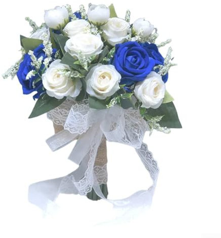 Splendido bouquet da sposa simulato con nastri di pizzo, perfetto per cerimonie nuziali e decorazioni (blu)