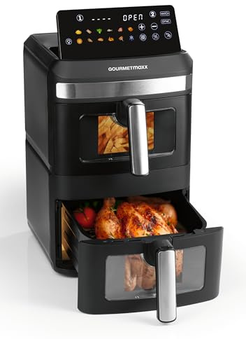 GOURMETmaxx FryUp XL Vertikal varmluftsfritös med dubbla kammare med visningsfönster, 12 l, flerfärgad LED-pekskärm och 12 program, 2 kammare med överlägsen värme