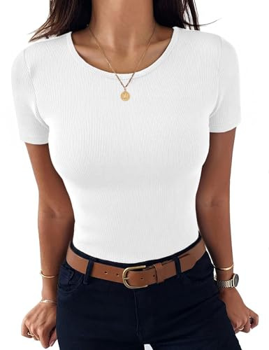 Aottori T Shirt Femme Manches Courtes Col Rond Été Haut Côtelé Top Slim Uni | Doux et extensible, maille côtelée légère, tenue ajustée, confort quotidien, facile à porter seul ou sous une veste