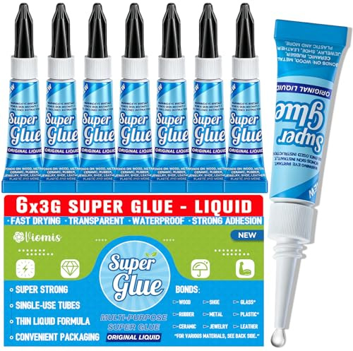 Viomis Super Glue, Clear Glue, 6 Pack 3 Gram Tubes - All Purpose and Fast Setting for Projects and Repairs