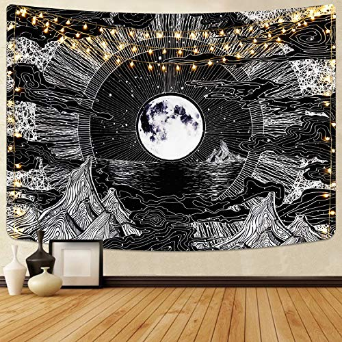 Alishomtll Mond und Stern Wandbehang Wandteppich Wolke Schwarz Weiss Psychedelic Wandtuch für Zimmer 130 x 150 cm