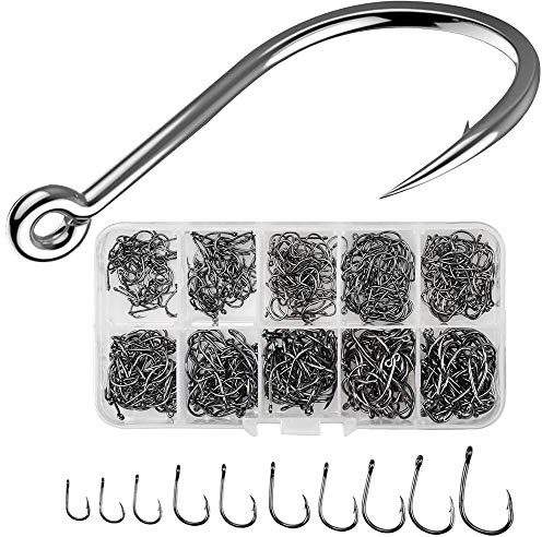 LWZko 500 Pieces Carbon Steel Circle Hooks, Silver, Size #3-12, 10 Sizes, Durable, Saltwater & Freshwater Fishing Hooks