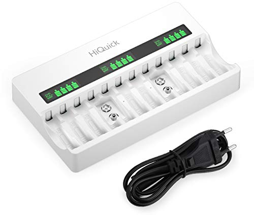 HiQuick Akku Ladegerät, AA AAA 9V Ladegerät für Mignon AA, Micro AAA NI-MH wiederaufladbar Batterien, 12-Ladeplatz mit LCD Anzeige und AC-NetzKabel