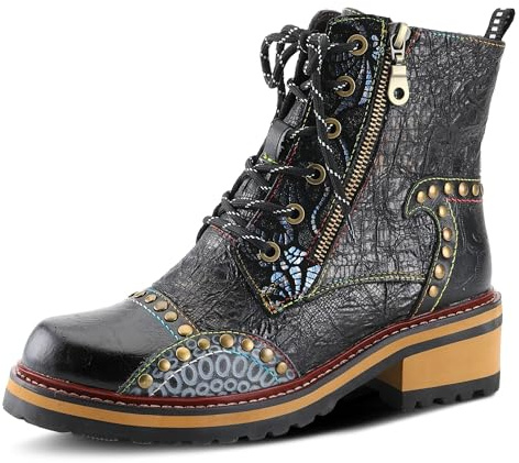 L'Artiste Rugup Leather Combination Booties for Women | Low Heel Ankle Boots for Women with Lace Up and Zipper Closure and Faux Fur Lining, Black Multi EU 37 / US 6.5-7