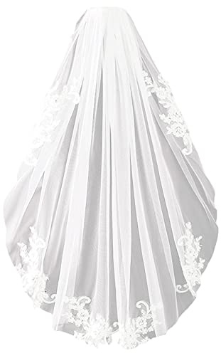 Velos Novia con Apliques de Encaje, Elegantes Velos Cortos de Encaje, con Peine, para Sesión de Fotos Compromiso Boda (Blanco)