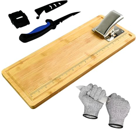 18 Bamboo Fish Cleaning Board Kit Anti-slip Fish Cutting Board Set Fish Filet Board with Scale Fish Measure Board Include Fish Fillet Knife, Clamp, Sharpener,Gloves, Fisherman Gifts