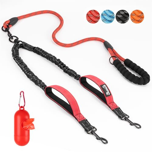 SlowTon Double Leash for Two Dogs - No Tangle Dog Leash 360° Swivel Reflective Double Dog Leashes with Two Padded Handles, Shock Absorbing Walking Training for Small Medium Dogs (Red, 8-35 lbs)