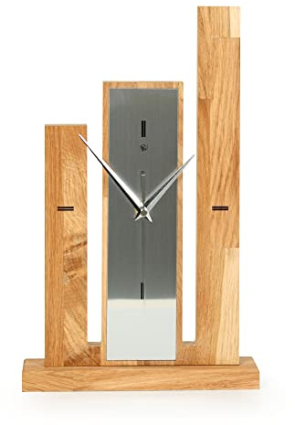 Kreative Feder Designer-STANDUHR „Stairs“ aus Massivholz – analoge TISCHUHR ohne Tickgeräusche (leises Funkuhrwerk, Eiche)