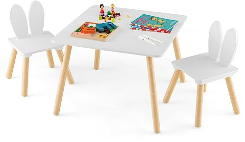 COSTWAY Barnbord med 2 stolar, 3 delar. Barnstolsgrupp med massiva träben och kaninöron, ryggstöd, kvadratiskt spelbord, barnmöbler, barnstolsset för 3–6 år barn (vit)
