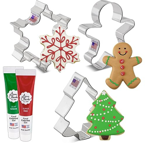 Christmas Cookie Cutters and Decorating 5-Pc. Set Made in USA by Ann Clark, Snowflake, Gingerbread Man, Christmas Tree, Red & Leaf Green Food Coloring Gel