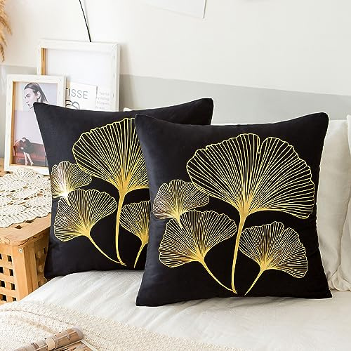 ETOLISHOP Uppsättning av 2 örngott 40 x 40 svart sammet guld ginkgo biloba mönster örngott dekorativa örngott soffkuddar prydnadskuddar för vardagsrum sovrum heminredning