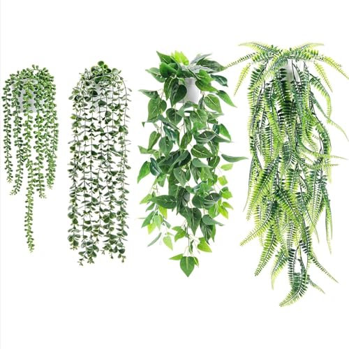 Der Rose 4 plantas falsas colgantes de hiedra artificial de eucalipto sintético, helecho Boston, cadena de perlas para sala de estar, dormitorio, estante de pared bohemio, decoración interior y