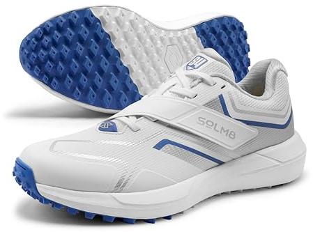 SOLM8 S4 Cricket Shoes for Men & Women - FlexSkin Seamless Upper, Diagonal Strap, Wider Toe Box with Advanced Cushioning for Turf & Field Sports Silver Blue