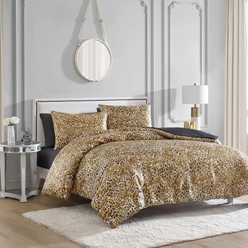 Juicy Couture King Leopard Satin Comforter Set - Cheetah Print 3-Piece Machine Washable Reversible Animal Print Bedding Comforter and Sham Set