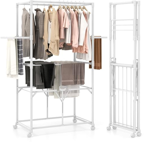 COSTWAY Foldable Clothes Drying Rack, Rolling Aluminum Clothes Airer Dryer Hanger with Folding/Removable Shelves and Lockable Wheels, Freestanding Laundry Rack Clothes Horse for Indoor Outdoor, White