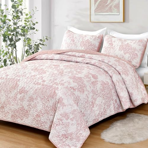 WONGS BEDDING Quilt Set Queen Size, 3 Pieces Pink Floral Plants Printed Bedspread Coverlet Set Soft Lightweight Microfiber Botanical Bedding Set for All Season (96x90)