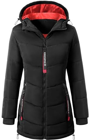 CMTOP Wintermantel Damen Warme Steppmantel Dicker Winterjacke Herbst Winter Steppjacke Parka Lang Reißverschluss Damen-mäntel Casual Winterparka mit Kapuze, Taschen(Schwarz, XL)