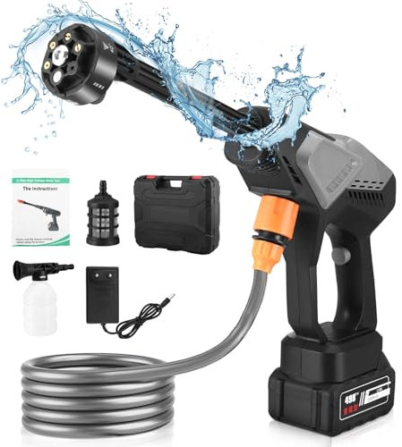 Pistola a Presion con Bateria, 65Bar Hidrolimpiadora Bateria Portatil Pistola de Agua a Presión Manguera 5m Limpiadora Alta Presión para Uso Coche Hogar Jardín Patio Viajes