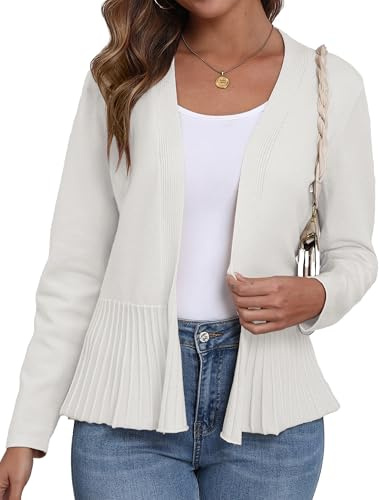 GRECERELLE Womens Cardigan Lightweight Spring Summer Knitted Open Front Cropped Cardigan Ladies Draped Casual Cardigans (White, M)