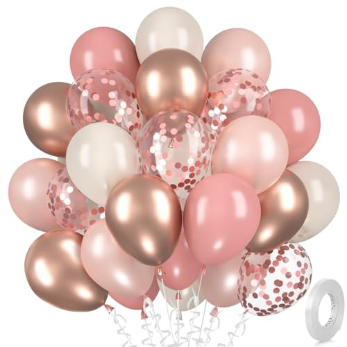 Palloncini Retrò Rosa, 30 Rosa-Antico Bianco, Coriandoli Oro-Rosa Metallizzato Palloncino Rosa-Vintage Elio per Ragazza Donna Compleanno Boho Matrimonio Cresima Fidanzamento Baby Shower