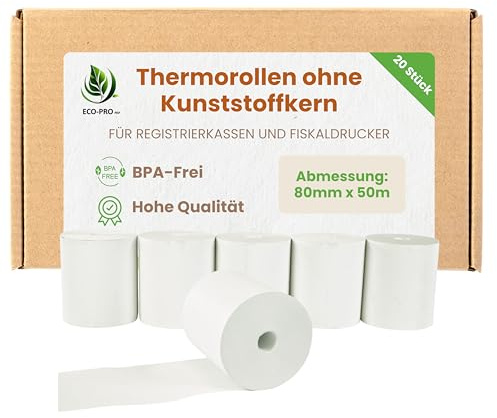 ECO - PRO PAP - Lote de 20 rollos térmicos sin núcleo de plástico, 80 mm x 50 m, de papel térmico sin BPA, para cajas registradoras e impresoras fiscales