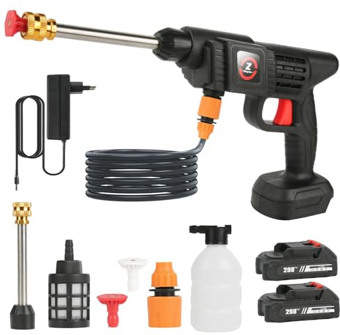 Nettoyeur Haute Pression sans Fil, 21V Max 25Bar Nettoyeur Haute Pression sur Batterie, Press & Clean avec Batteries, Pot à Mousse, Tuyau de 5 Mètres, pour Voiture, Gazon (avec 2 Batteries 4000mAh)