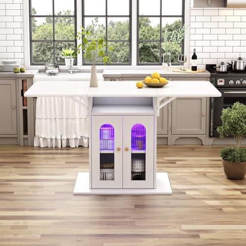 Merax Mesa de comedor plegable moderna con iluminación LED, mesa de comedor extensible con espacio de almacenamiento y puertas correderas de cristal, 140 x 78 cm, mesa de cocina plegable, ideal para