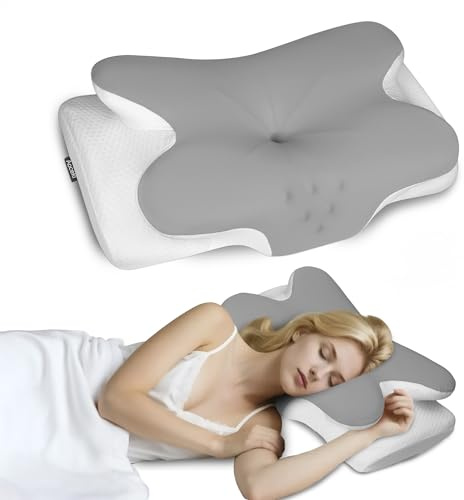 Aoceki Oreiller Ergonomique Cervical Oreiller Memoire Forme pour la Nuque,pour Dormir sur Le côté,Le Dos et Le Ventre(Gris Clair Quatre Coins)