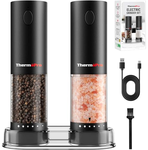 ThermoPro Electric Salt and Pepper Grinder Set, Rechargeable Pepper Mill Grinders with Upgraded External & Clean Adjustment, One Handed Operation, Bright LED Light, 110ml Larger Capacity for Kitchen