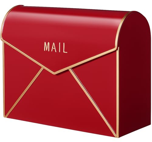 Kathfly Wall Mount Mailbox Waterproof Rustproof Metal Mail Holder 12.6 W x 4.7 D x 10.2 H Large Wall Mounted Gold Trim Mail Envelope Post Box for Outside House Office Porch Outdoor Use(Red)