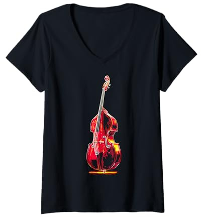 Femme Instrument de contrebasse avec Motif Portrait Amateur de Musique T-Shirt avec Col en V