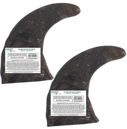 Pack of 2 Meat Filled Buffalo Horn Treat - Pet Dog Puppy Natural Snack Chew High Protein Reward For Good Behaviour - Promotes Dental Hygiene Supports Healthy Teeth & Gums Teething