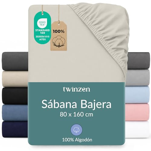 Twinzen Sabanas 80x160 cm - 100% Jersey Algodon, Beige - Oeko-Tex Certificado - Sabana Bajera 80x160