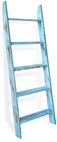 Honest Blanket Ladders for the Living Room, 5-Tier Blanket Holder, Wall-Leaning Blanket Rack, Ladder Shelves, Wooden Quilt Ladder, Farmhouse Decor, Blue