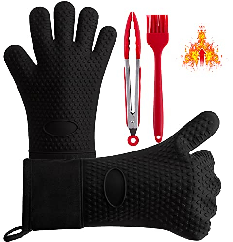 Boxalls Guantes Horno Juego, Guantes de Cocina de Silicona Resistentes al Calor con Pinzas de Cocina y Cepillo, Guantes de Barbacoa para Asar, Cocinar, Hornear y Cocinar (Negro)