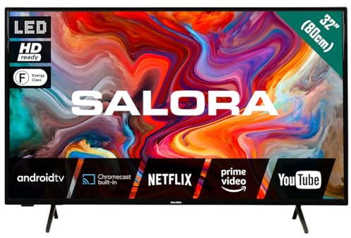 SALORA SMART32TV – Smart TV 32 Pouces avec Android, écran LED, HD Ready, Chromecast intégré, Dolby Audio, 3X HDMI, Wi-FI et Bluetooth – TV LED compacte 32 Pouces, Classe énergétique E