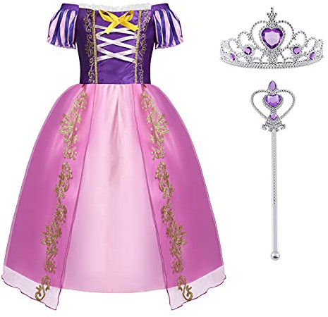 ACWOO Barn, flickor, prinsessdräkt, prinsessa, Rapunzel, lång klänning, festklänning, maxiklänning med diadem, handskar, trollstav etc för fest, cosplay, utklädnad, festlig karneval