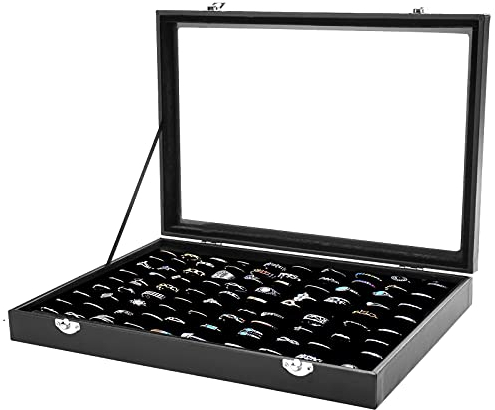 Pinkgarden Contenitore per gioielli, nero splendido anello trasparente scatola portaoggetti gioielli vetrina vassoio porta vetrina (colore nero-100 slot)