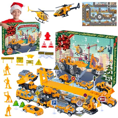 Akosuntoys Adventskalender 2024 Kinder Auto, Adventskalender Jungen 3 4 5 6 Jahre Geschenk Junge Mädchen 3-8 Jahre Weihnachtskalender Kinder Spielzeug ab 3-6 Jahre Baustelle Bagger Spielzeug