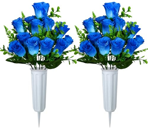XONOR Artificial Rose Bouquet Cemetery Flowers, Set of 2, Blue
