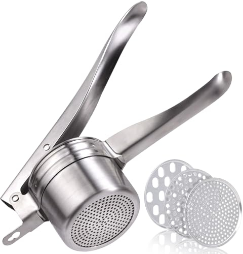 Potato Ricer, Sopito 15oz Stainless Steel Potato Masher with 3 Interchangeable Discs, Heavy Duty Food Press for Vegetable, Fruit, Silver