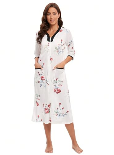 Verve Jelly Women's Zip Up Housecoat Soft Bathrobe Half Sleeve Full Length Floral Loungewear with 2 Pockets White L