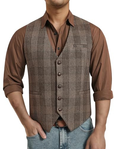 Enlision Uomo Beige Vintage Gilet Tweed Lana Abito Formale Gilet Da Uomo Regular Fit Scollo A V Con Tasca Matrimonio XL