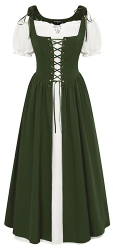 SCARLET DARKNESS Women 2Pcs Renaissance Maxi Dresses Off Shoulder Short Sleeve Lace-up Irish Costume with Over Dress