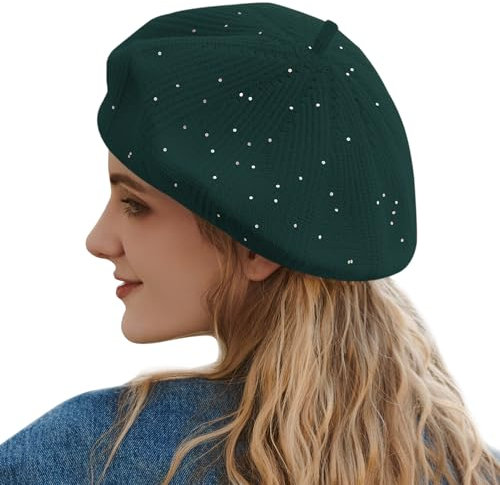 Gajaous Knitted Beret Hats for Women, French Beret Hat with Small Glitter Sequins, Stylish Solid Color Beret Cap for Women Girls Lady Dark Green