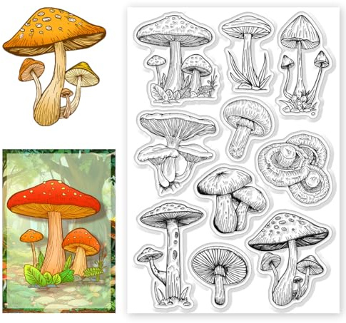 CHGCRAFT Realistic Mushrooms Retro Corners Clear Silicone Stamps Transparent Craft Stamps Set, for DIY Scrapbooking Card Making Photo Journal Album Paper Craft Decor 4.3x6.3 Inch