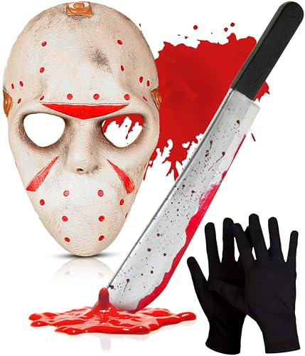Mega_Jumble Adult Halloween Escape From 911 Jason Voorhees Killer Hockey Mask, Bloody Machete and Black Gloves | Horror Festival Scary Fancy Dress Costume Accessory