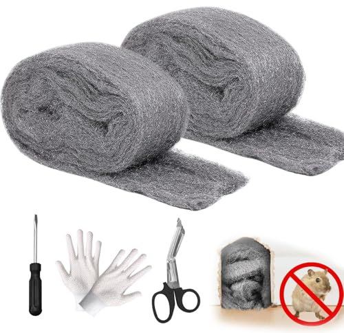 Stahlwolle gegen Mäuse, 2 Stück 000 fein, mit Arbeitshandschuhen, Schere, Schraubendreher, für Löcher und Mauerfugen, Bauschaum gegen Mäuse, für Haus, Garage, Garten
